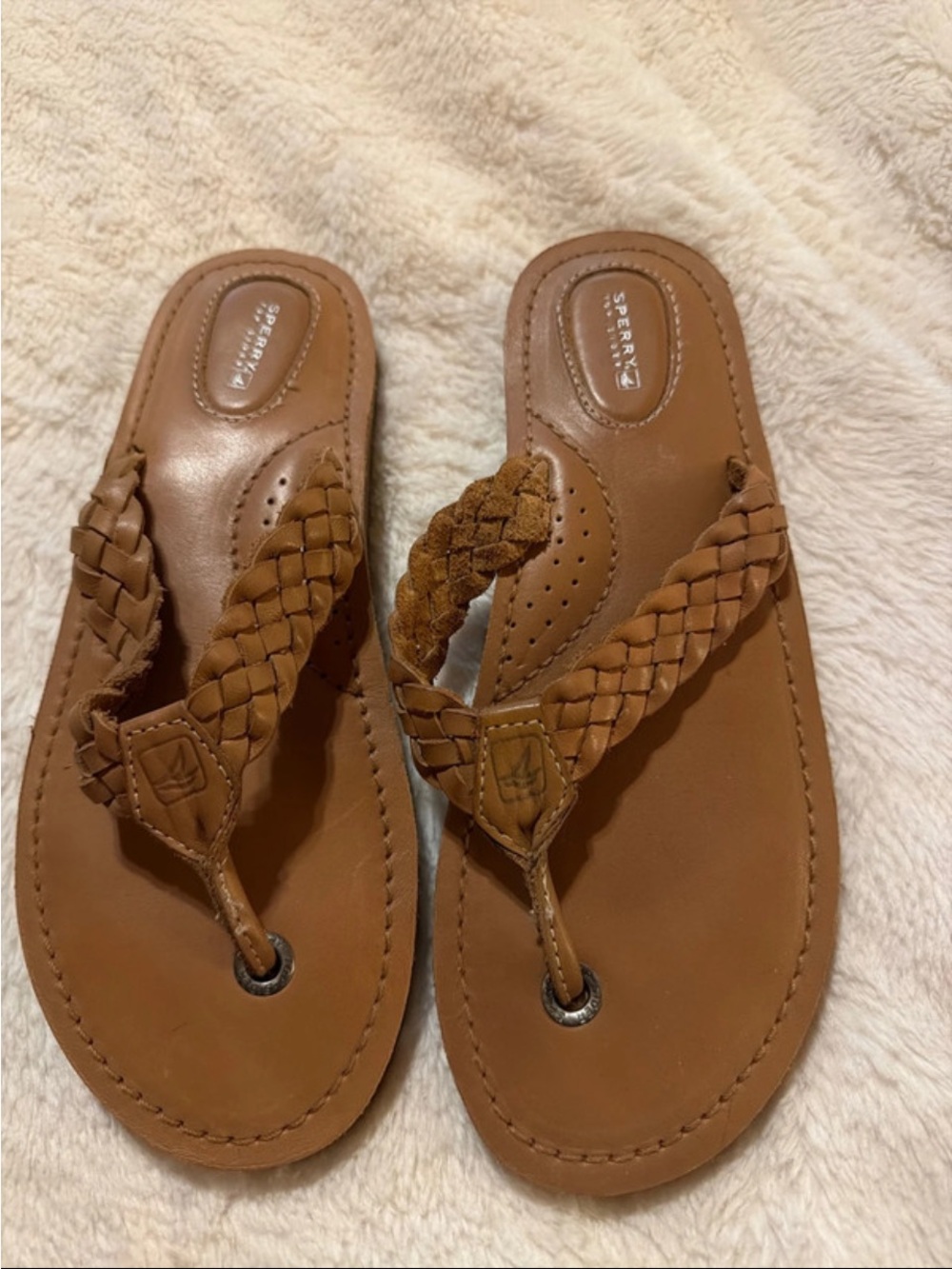 Sperry Women's Braided Thong Sandal in Tan Leather